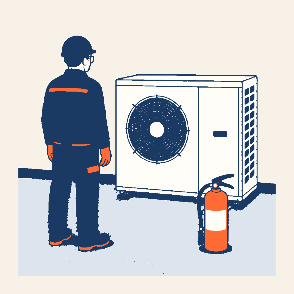 Illustration éditoriale claire d’un technicien préparant une intervention sur un équipement au R-290.