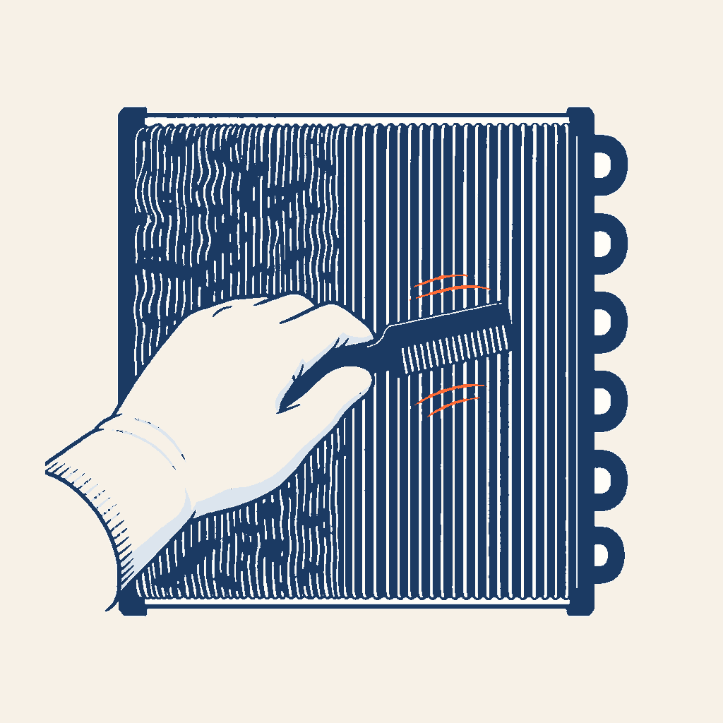 Illustration éditoriale claire d’un technicien devant une unité extérieure de condensation.