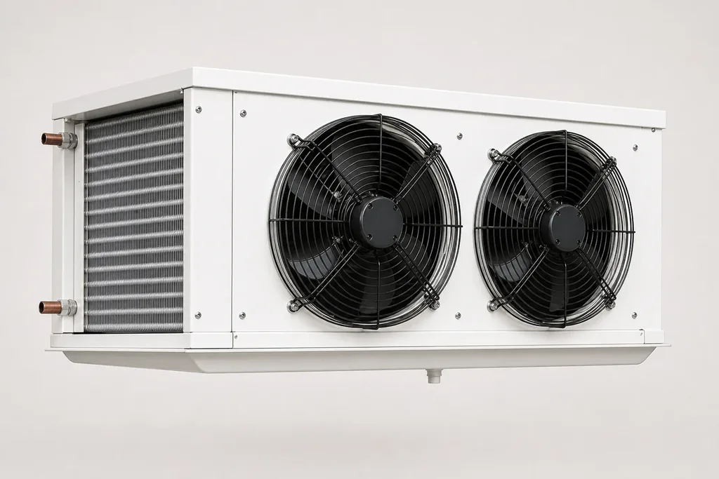 Évaporateur à air isolé, avec batterie à ailettes, deux ventilateurs et bac inférieur.