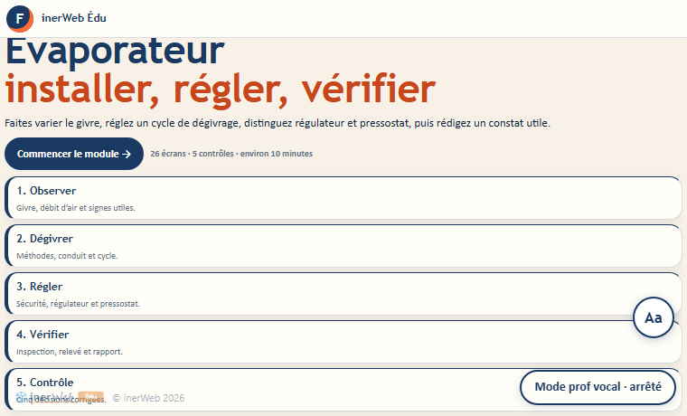 Aperçu — Évaporateur — installer, régler, vérifier