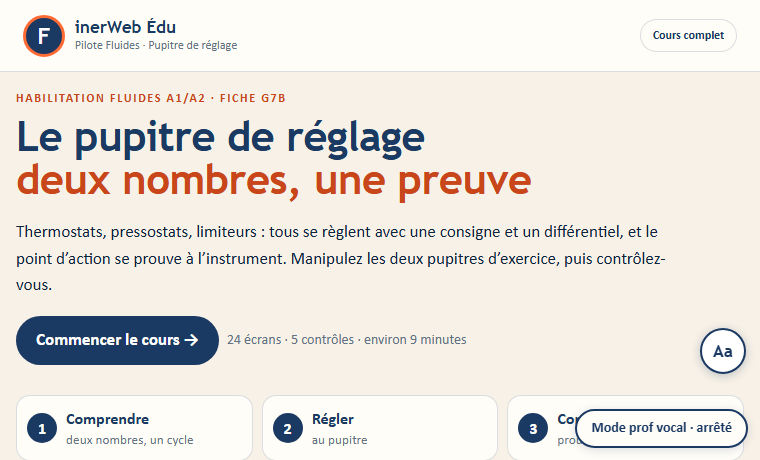 Aperçu — Le pupitre de réglage — consigne, différentiel, preuve